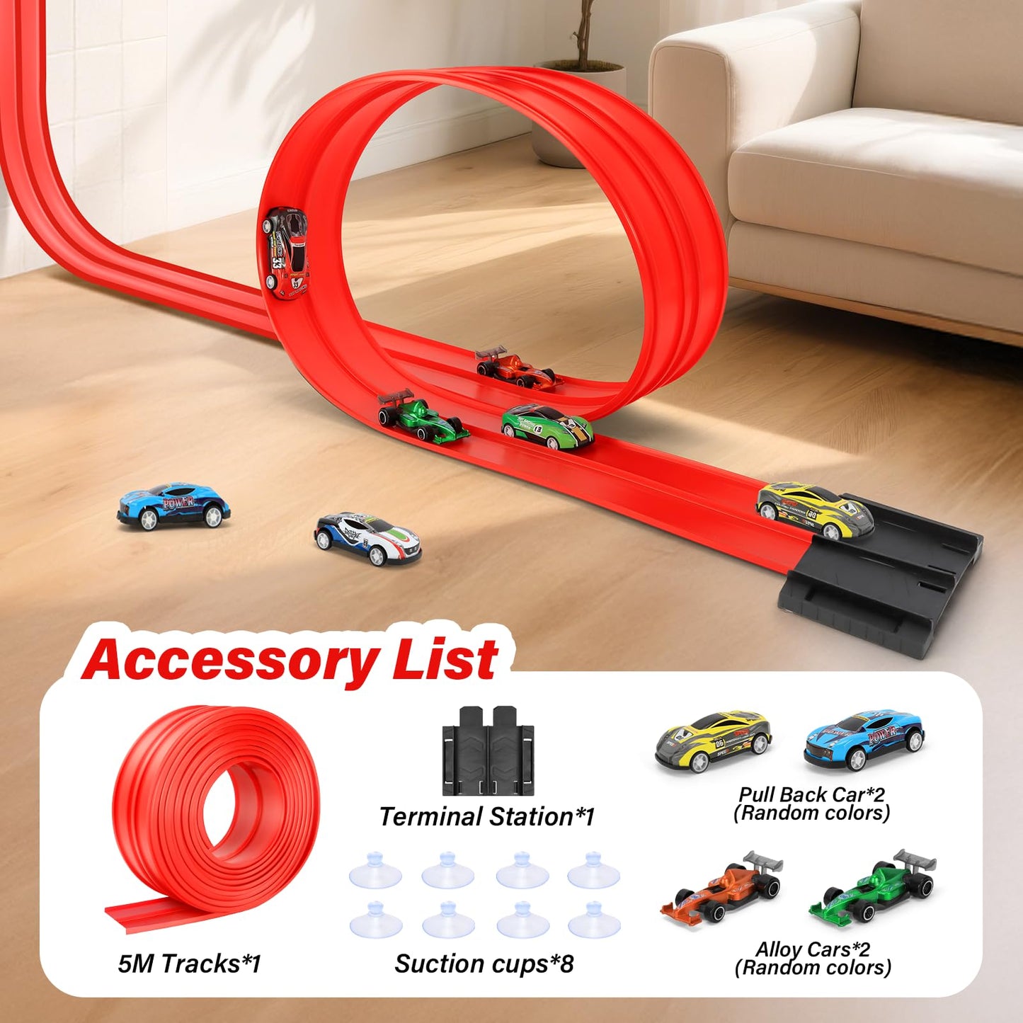 KETIEE Flex Tracks 16Ft for Kids – Flexible Race Track with 4 Cars & 8 Suction Cups, Portable Roll-Up