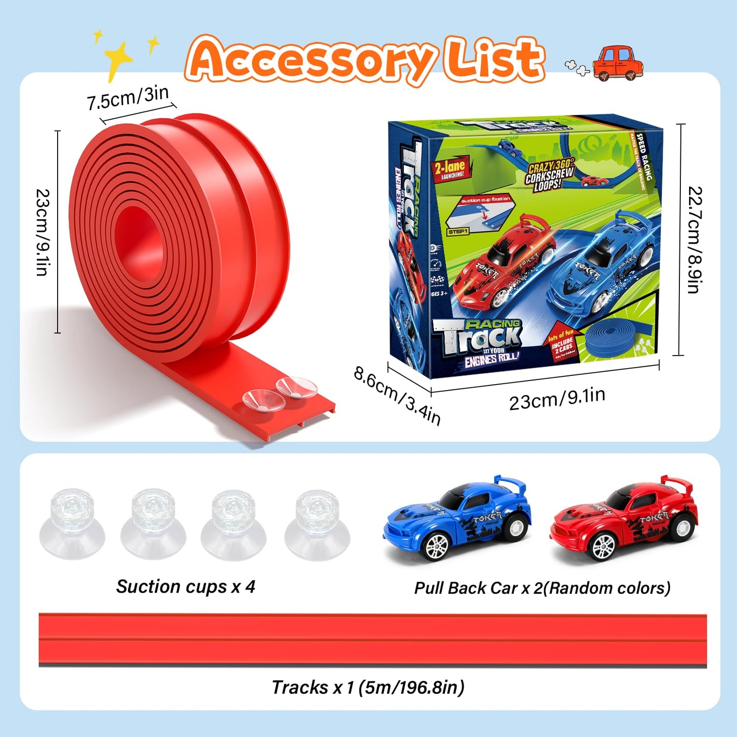 KETIEE Flex Tracks 16 Ft – Flexible Race Track for Kids with 2 Cars & 4 Suction Cups