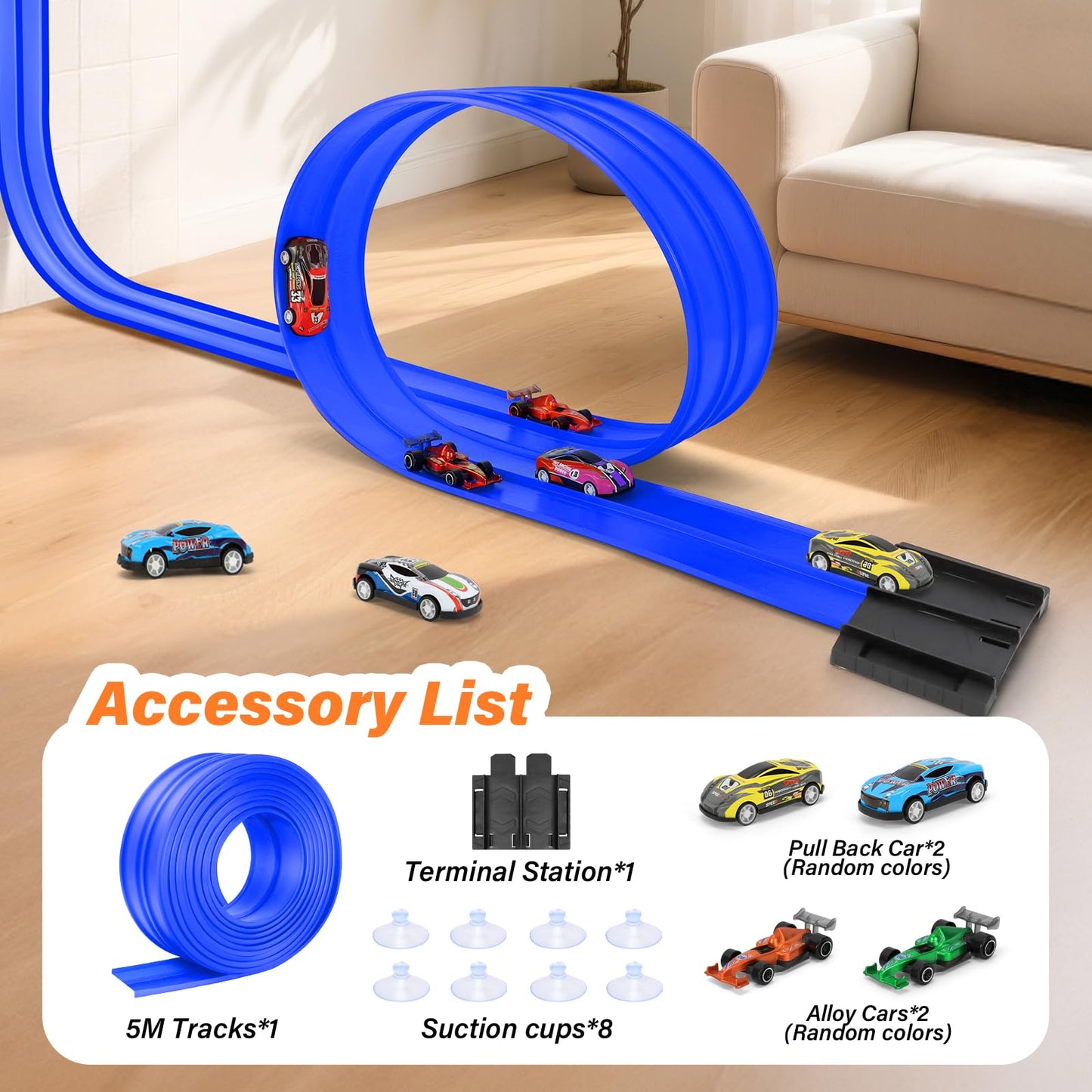 KETIEE Flex Tracks 16ft – Portable Two-Lane Race Track with 4 Cars & 8 Suction Cups for 1/50–1/64 Diecast Cars | Rolls Up for Ages 3+