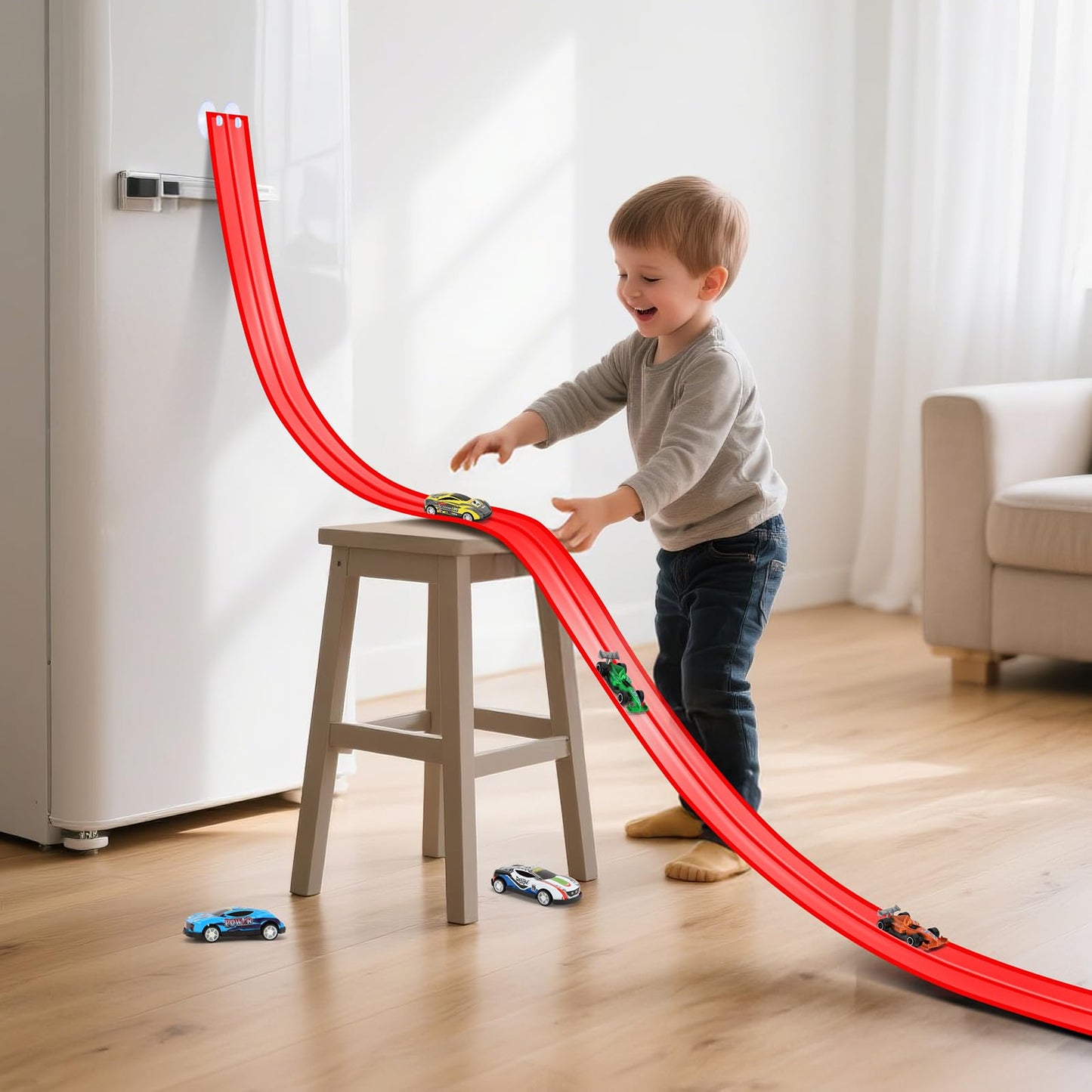 KETIEE Flex Tracks 16Ft for Kids – Flexible Race Track with 4 Cars & 8 Suction Cups, Portable Roll-Up