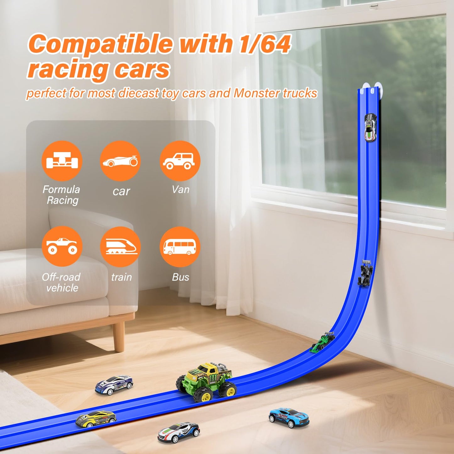KETIEE Flex Tracks 16ft – Portable Two-Lane Race Track with 4 Cars & 8 Suction Cups for 1/50–1/64 Diecast Cars | Rolls Up for Ages 3+