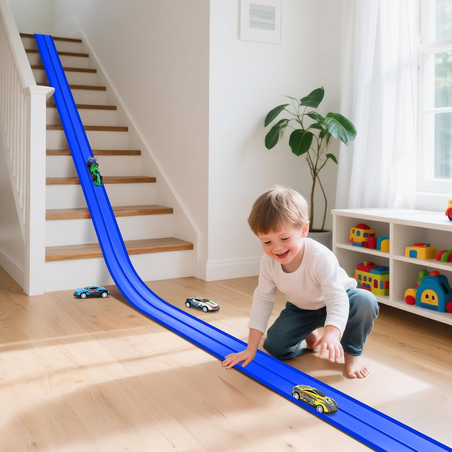 KETIEE Flex Tracks 16ft – Portable Two-Lane Race Track with 4 Cars & 8 Suction Cups for 1/50–1/64 Diecast Cars | Rolls Up for Ages 3+