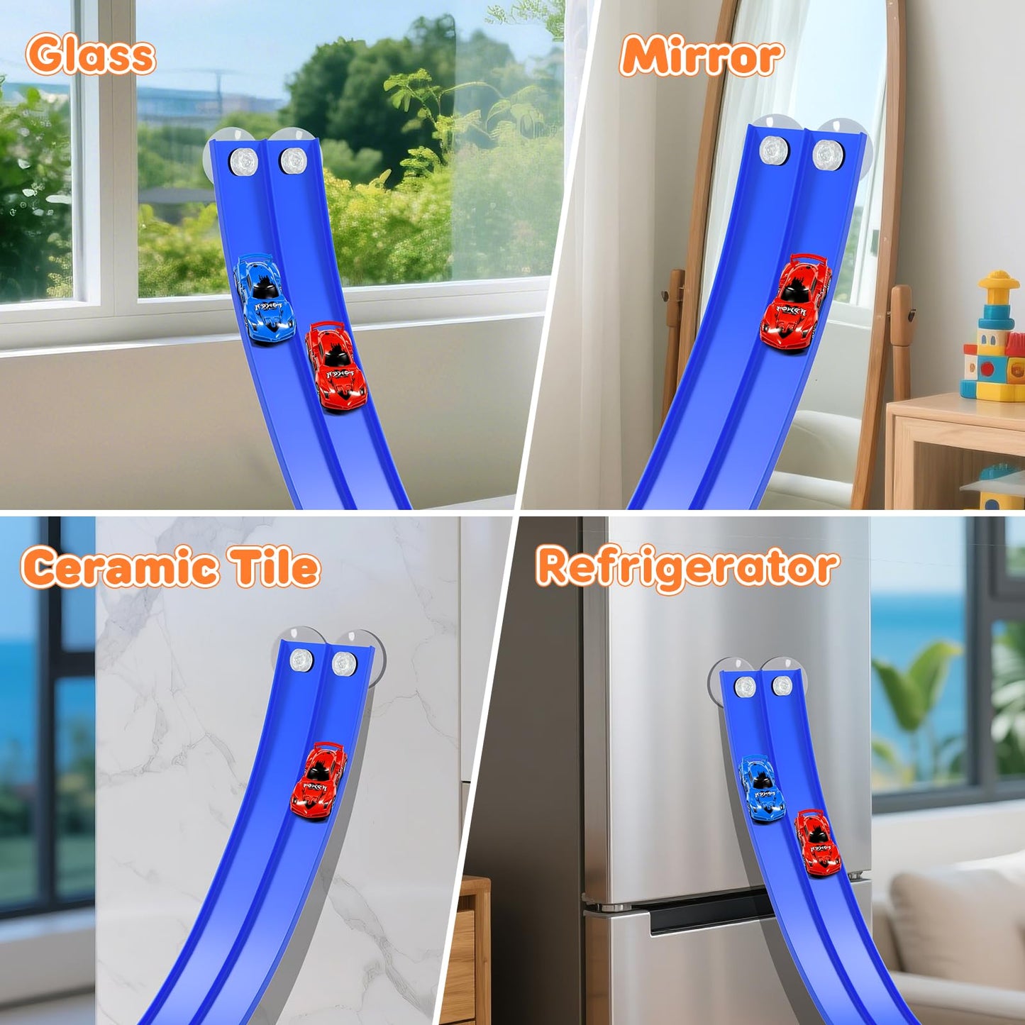 KETIEE Flex Tracks 16 Ft – Flexible 2-Lane Race Track with 2 Cars & Suction Cups | Portable Roll-Up Raceway for Kids 3+