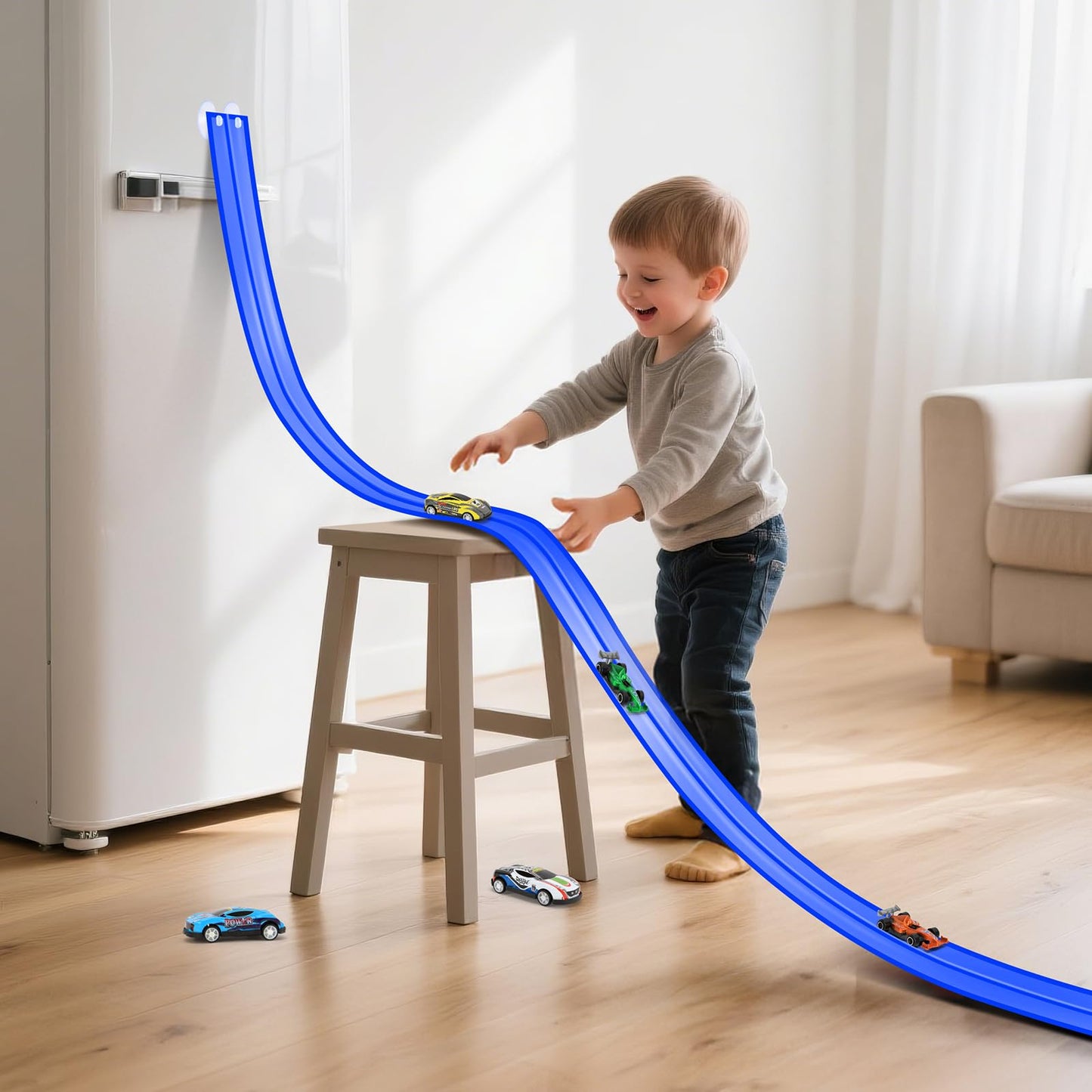 KETIEE Flex Tracks 16ft – Portable Two-Lane Race Track with 4 Cars & 8 Suction Cups for 1/50–1/64 Diecast Cars | Rolls Up for Ages 3+