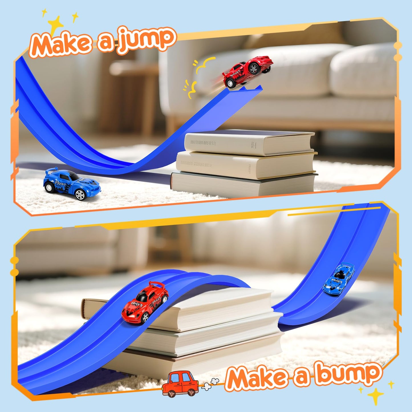 KETIEE Flex Tracks 16 Ft – Flexible 2-Lane Race Track with 2 Cars & Suction Cups | Portable Roll-Up Raceway for Kids 3+