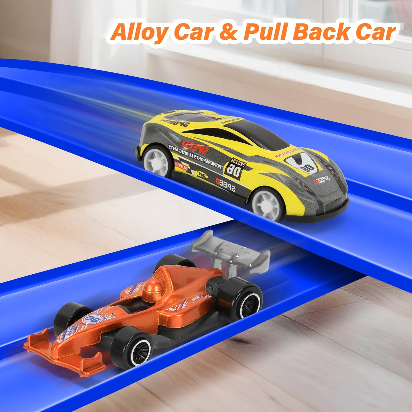 KETIEE Flex Tracks 16ft – Portable Two-Lane Race Track with 4 Cars & 8 Suction Cups for 1/50–1/64 Diecast Cars | Rolls Up for Ages 3+