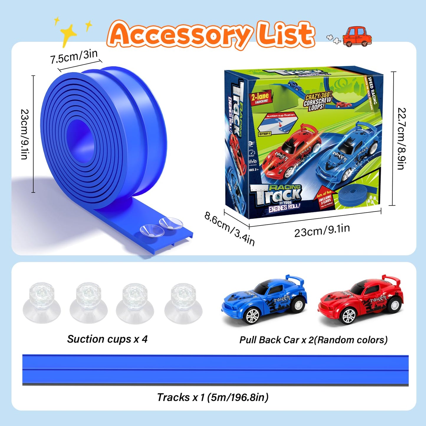 KETIEE Flex Tracks 16 Ft – Flexible 2-Lane Race Track with 2 Cars & Suction Cups | Portable Roll-Up Raceway for Kids 3+