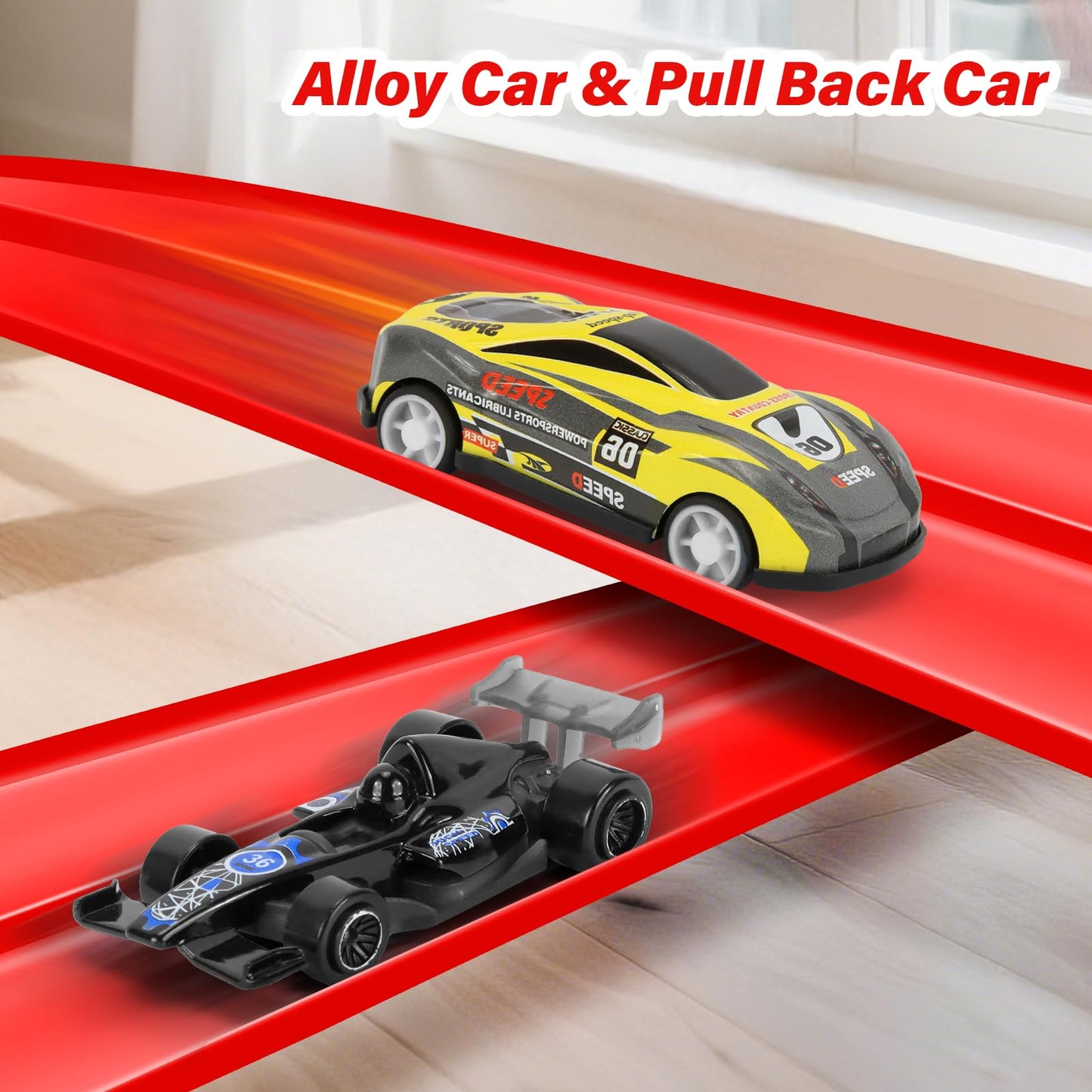KETIEE Flex Tracks 16Ft for Kids – Flexible Race Track with 4 Cars & 8 Suction Cups, Portable Roll-Up