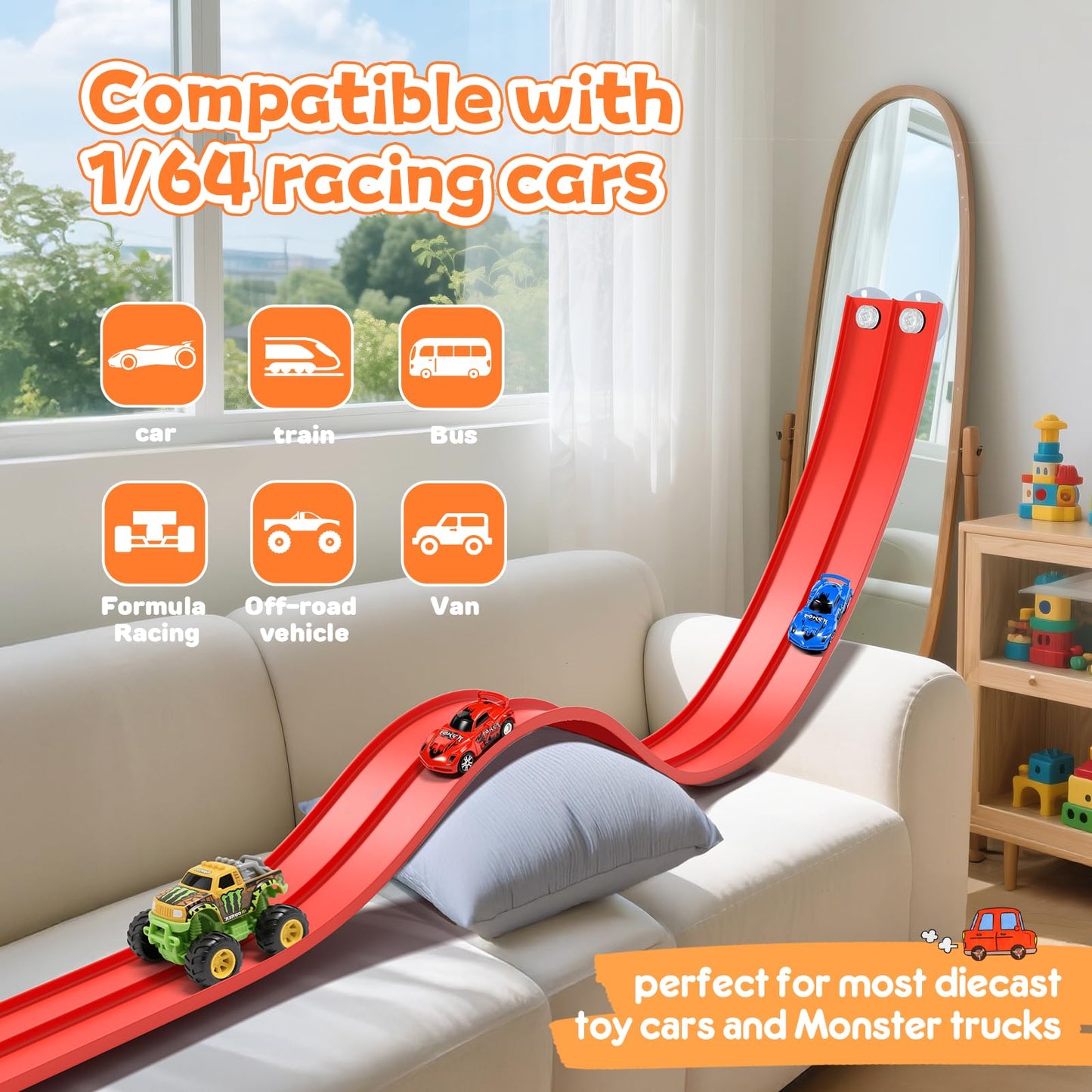 KETIEE Flex Tracks 16 Ft – Flexible Race Track for Kids with 2 Cars & 4 Suction Cups