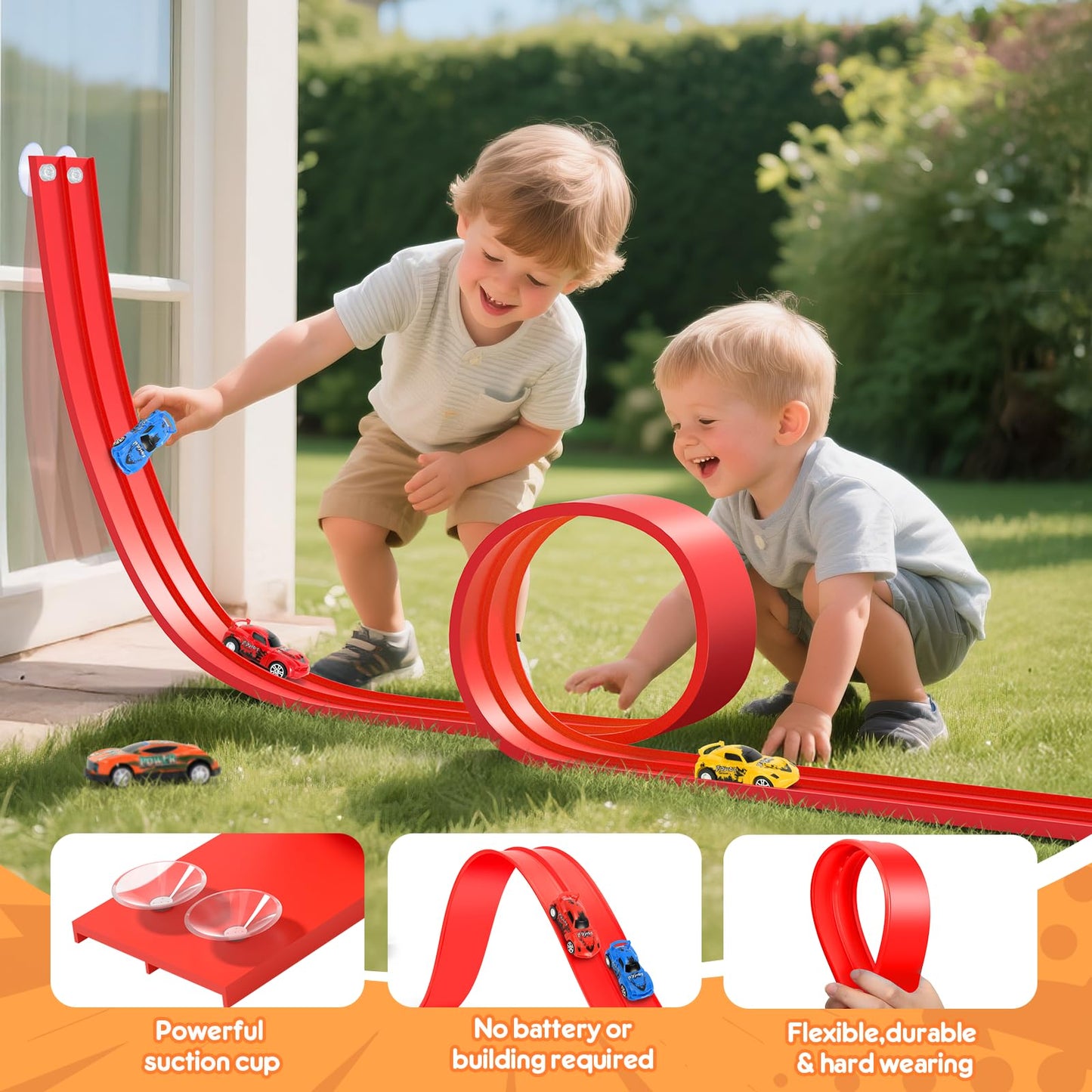 KETIEE Flex Tracks 16 Ft – Flexible Race Track for Kids with 2 Cars & 4 Suction Cups