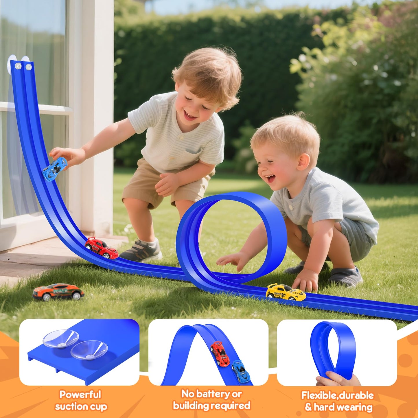 KETIEE Flex Tracks 16 Ft – Flexible 2-Lane Race Track with 2 Cars & Suction Cups | Portable Roll-Up Raceway for Kids 3+