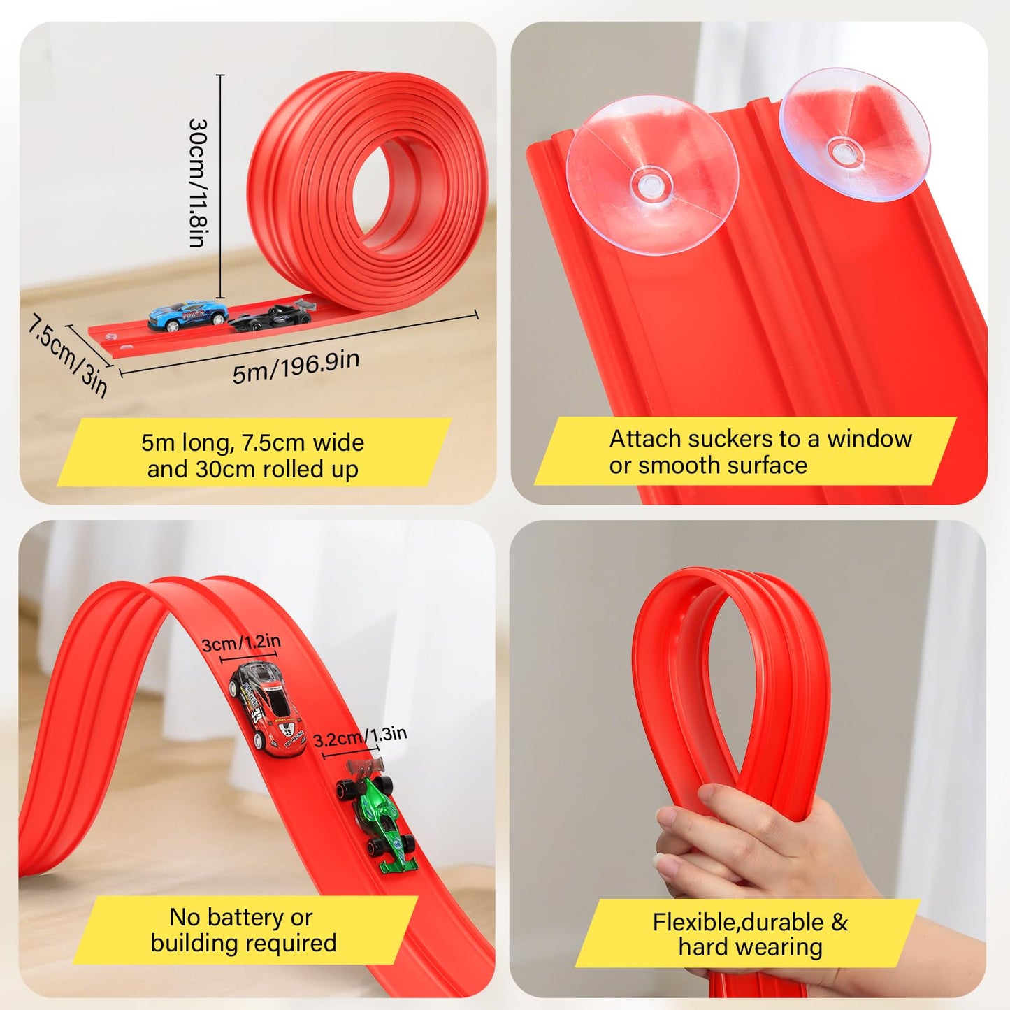 KETIEE Flex Tracks 16Ft for Kids – Flexible Race Track with 4 Cars & 8 Suction Cups, Portable Roll-Up
