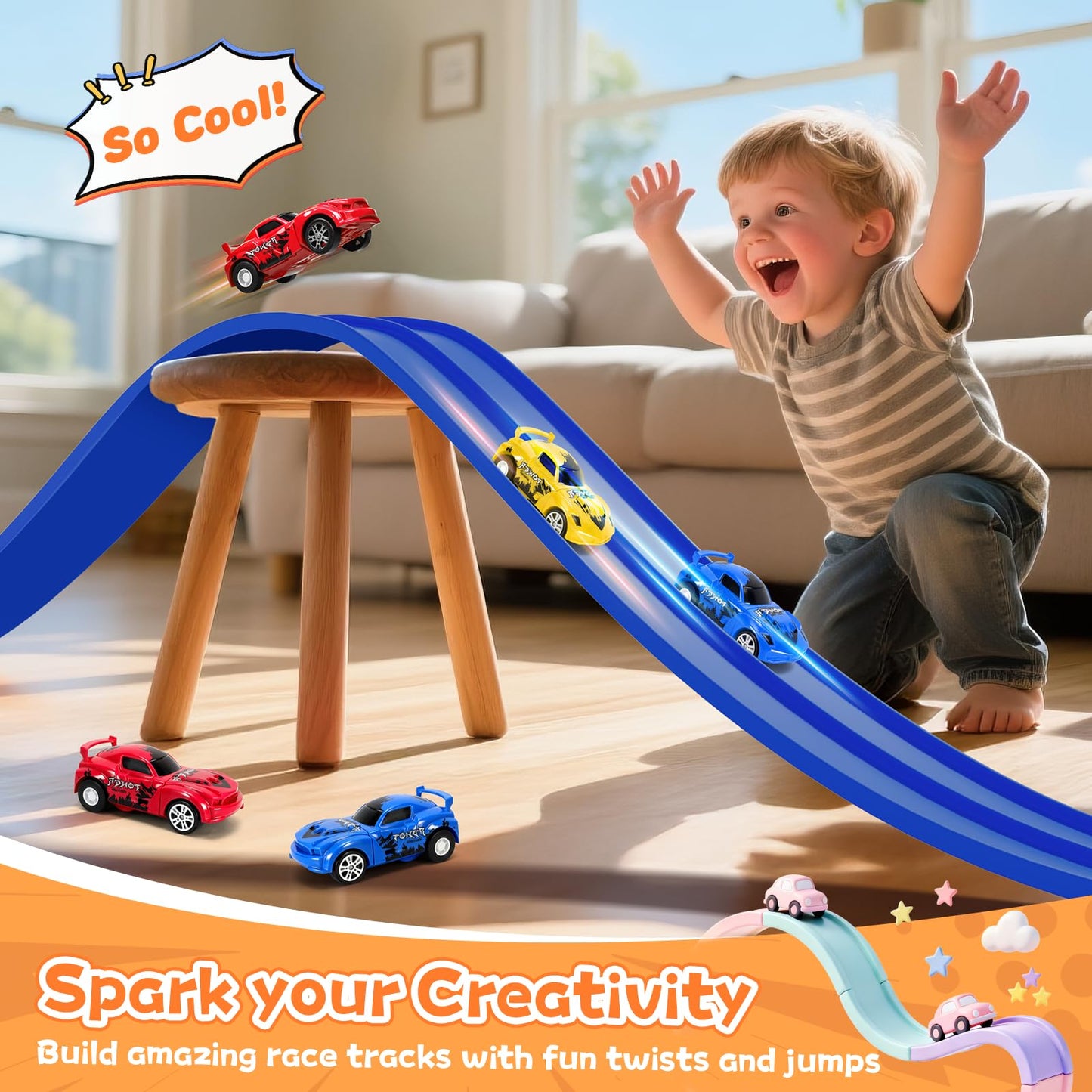 KETIEE Flex Tracks 16Ft for Kids – Flexible Race Track with 2 Cars & Suction Cups