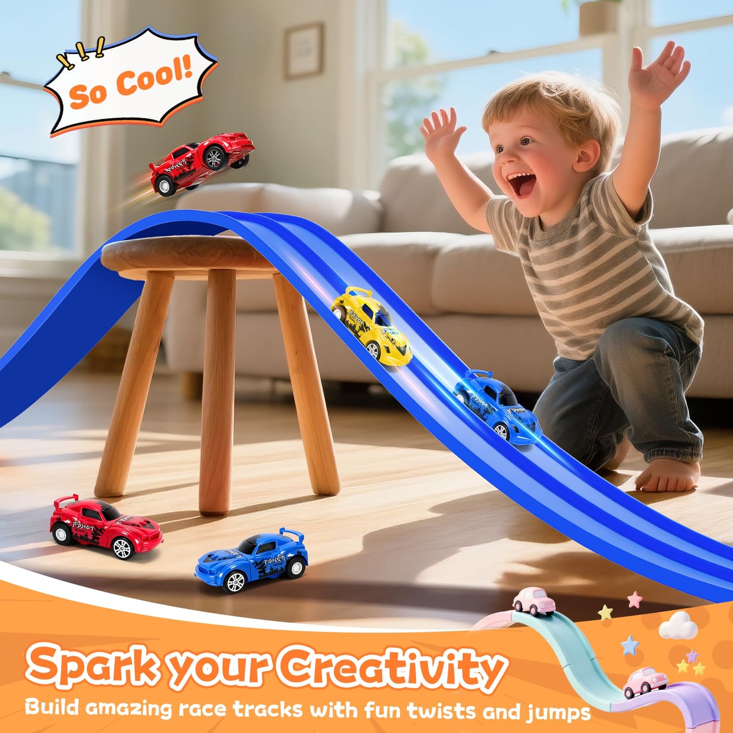 KETIEE Flex Tracks 16 Ft – Flexible 2-Lane Race Track with 2 Cars & Suction Cups | Portable Roll-Up Raceway for Kids 3+