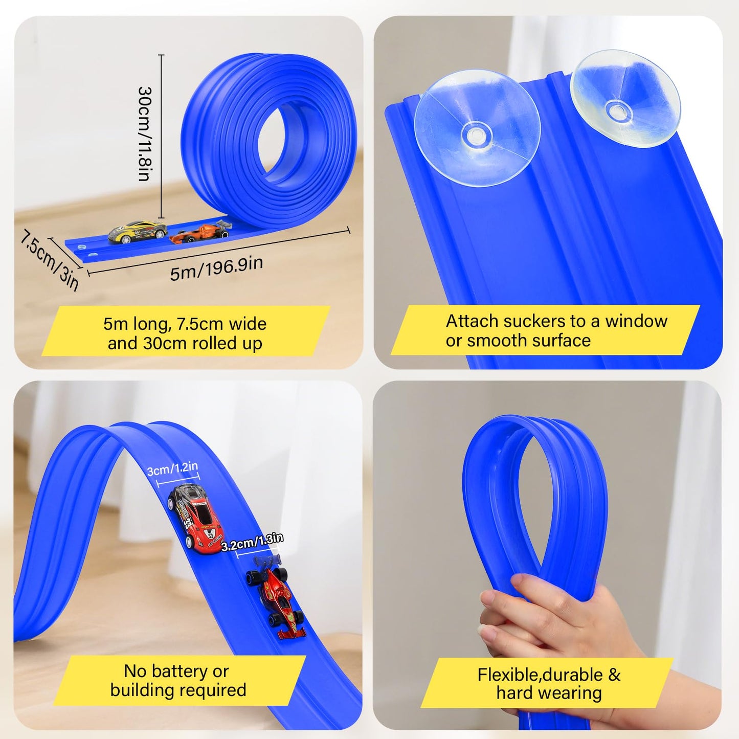 KETIEE Flex Tracks 16ft – Portable Two-Lane Race Track with 4 Cars & 8 Suction Cups for 1/50–1/64 Diecast Cars | Rolls Up for Ages 3+