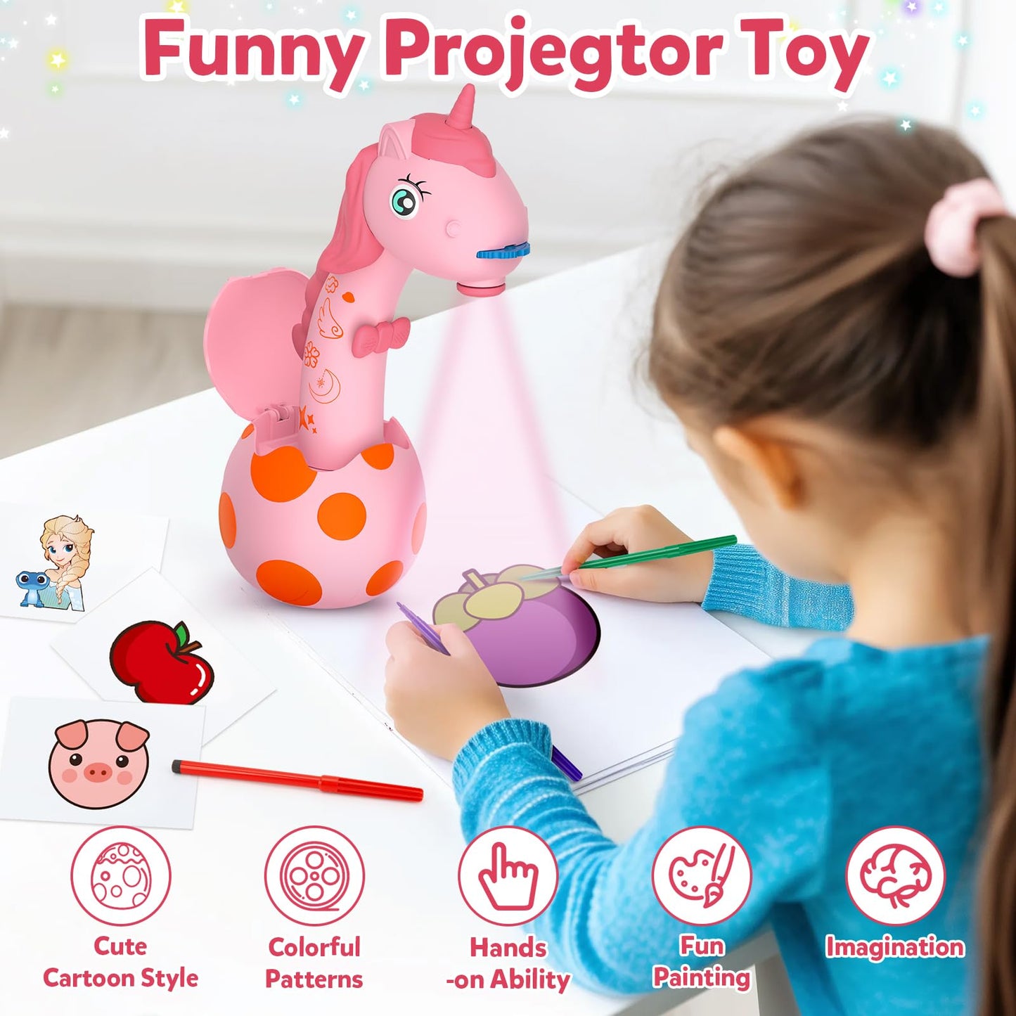 KETIEE Unicorn Drawing Projector Toy for Ages 5-7 – 96 Patterns, 12 Discs, Safe Portable Art