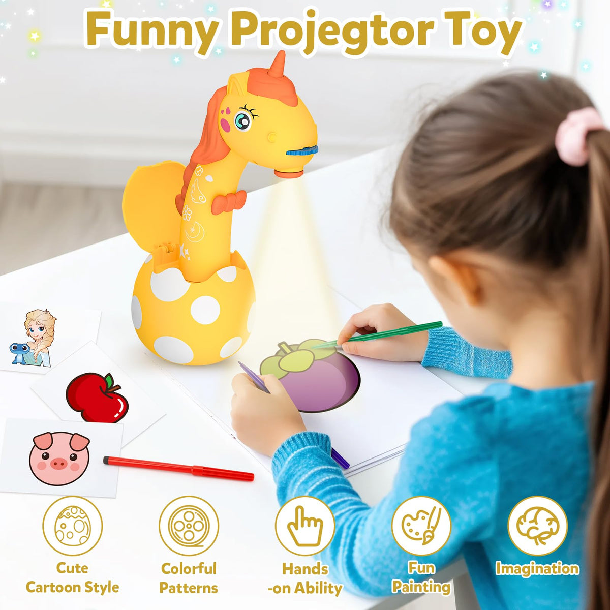 KETIEE Unicorn Drawing Projector Toy for Kids 3-7 – 96 Patterns, 12 Discs, Portable Sketcher