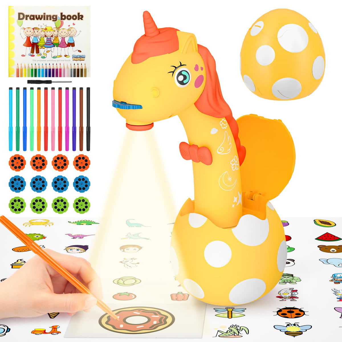 KETIEE Unicorn Drawing Projector Toy for Kids 3-7 – 96 Patterns, 12 Discs, Portable Sketcher