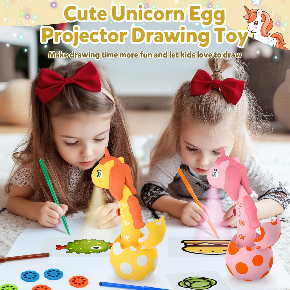 KETIEE Unicorn Drawing Projector Toy for Kids 3-7 – 96 Patterns, 12 Discs, Portable Sketcher