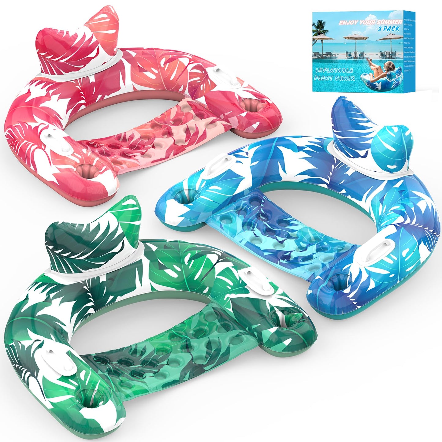 KEUCL 3-Pack Pool Floats – Inflatable Pool Chairs with Cupholders & Handles for Adults & Kids