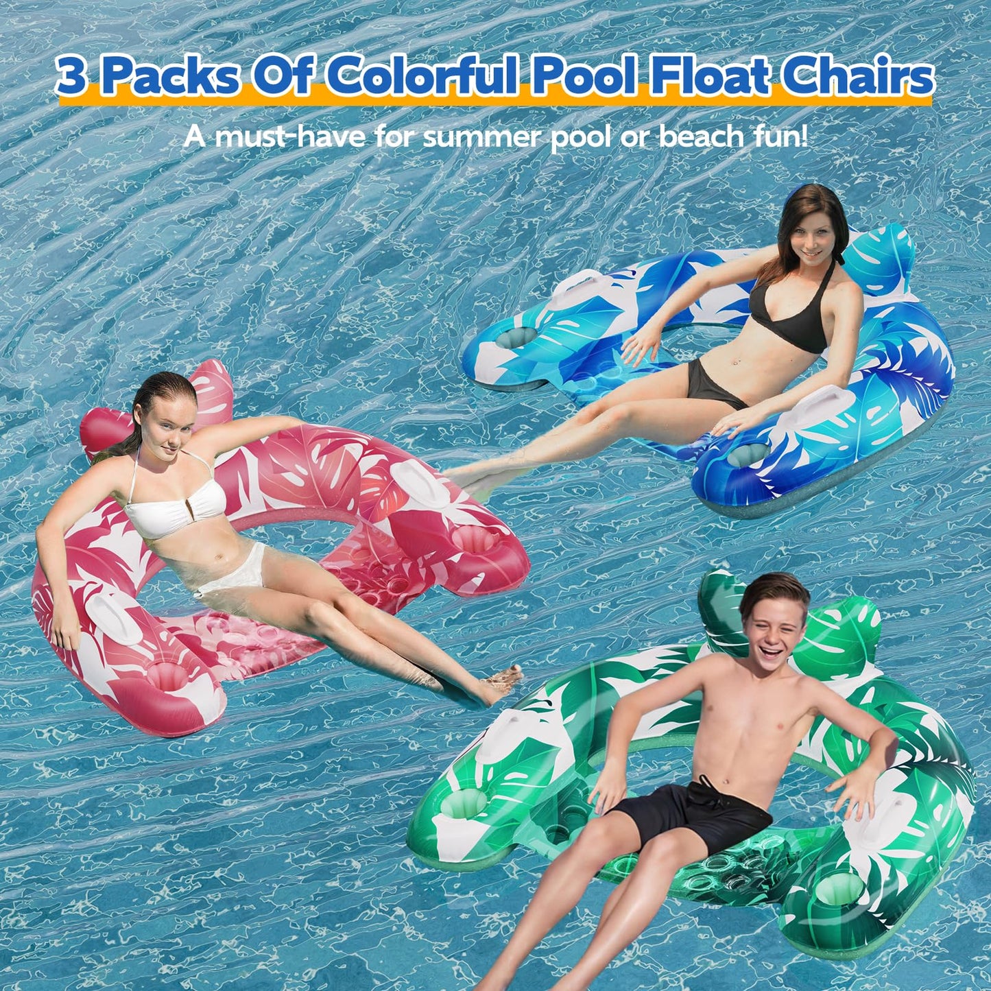 KEUCL 3-Pack Pool Floats – Inflatable Pool Chairs with Cupholders & Handles for Adults & Kids