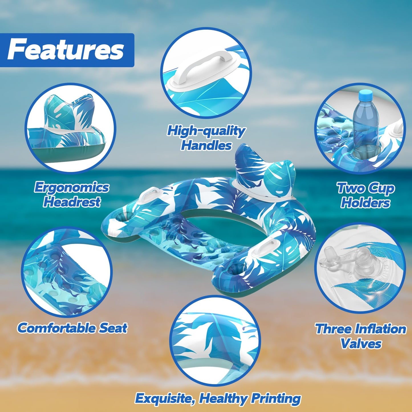 KEUCL 3-Pack Pool Floats – Inflatable Pool Chairs with Cupholders & Handles for Adults & Kids