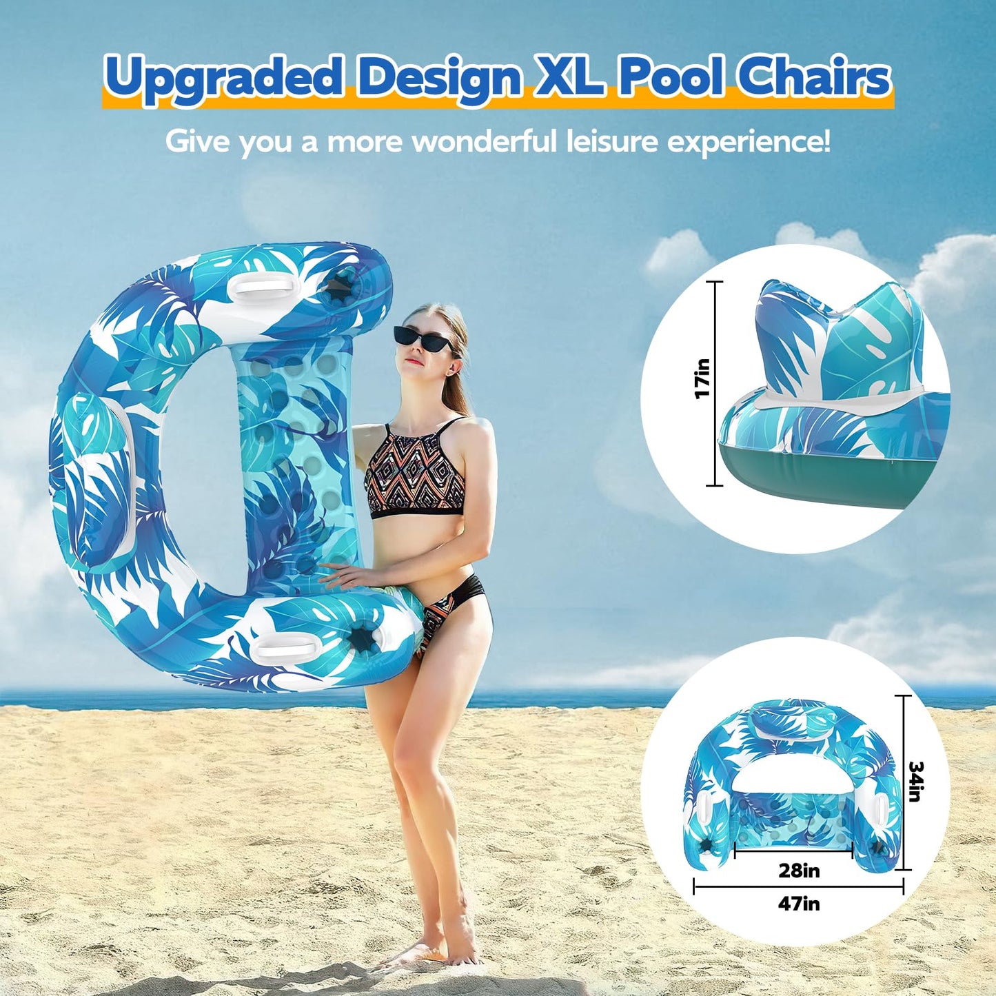 KEUCL 3-Pack Pool Floats – Inflatable Pool Chairs with Cupholders & Handles for Adults & Kids