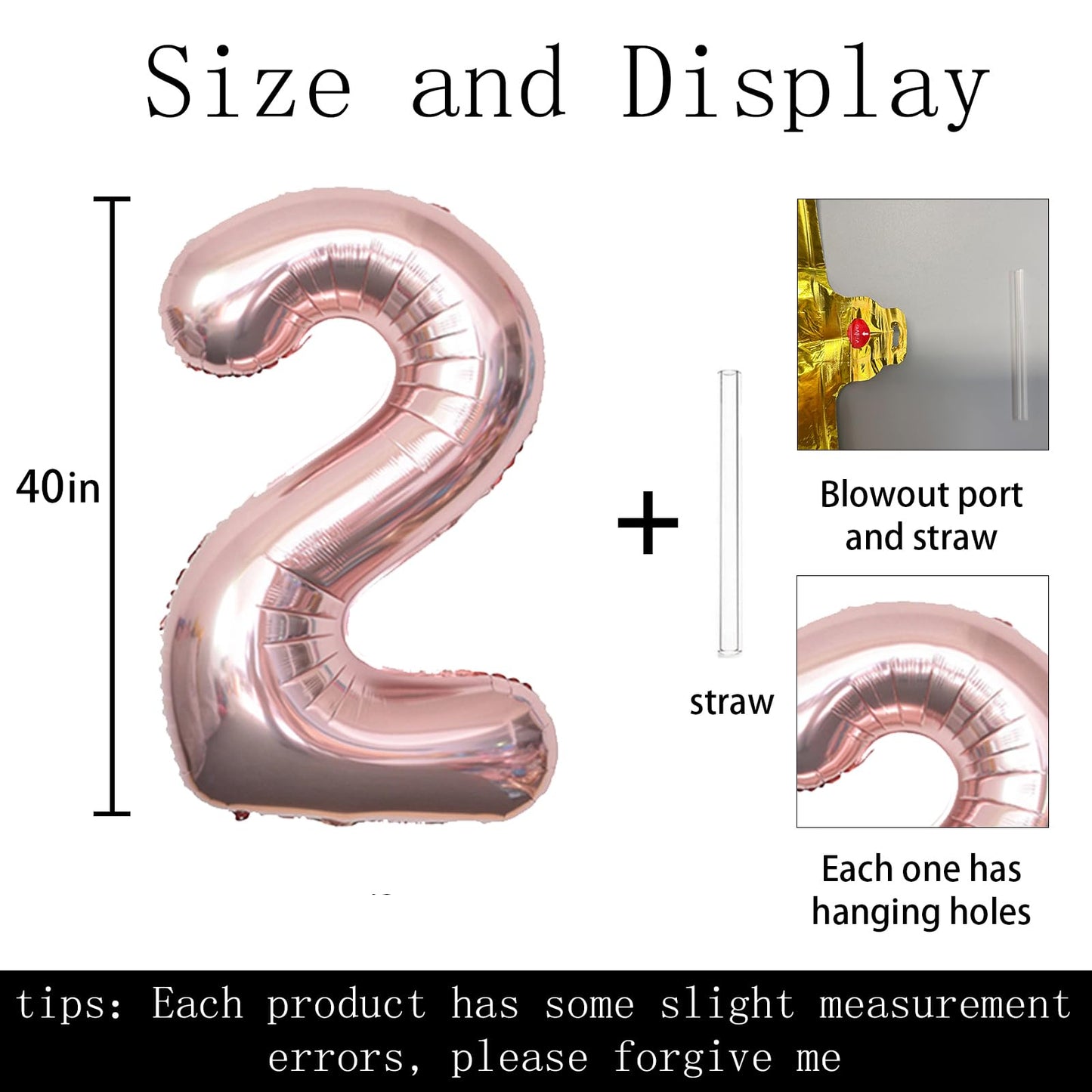 Keyali 40 Inch Giant Rose Gold Number 2 Balloon – Helium Mylar Birthday & Party Decor