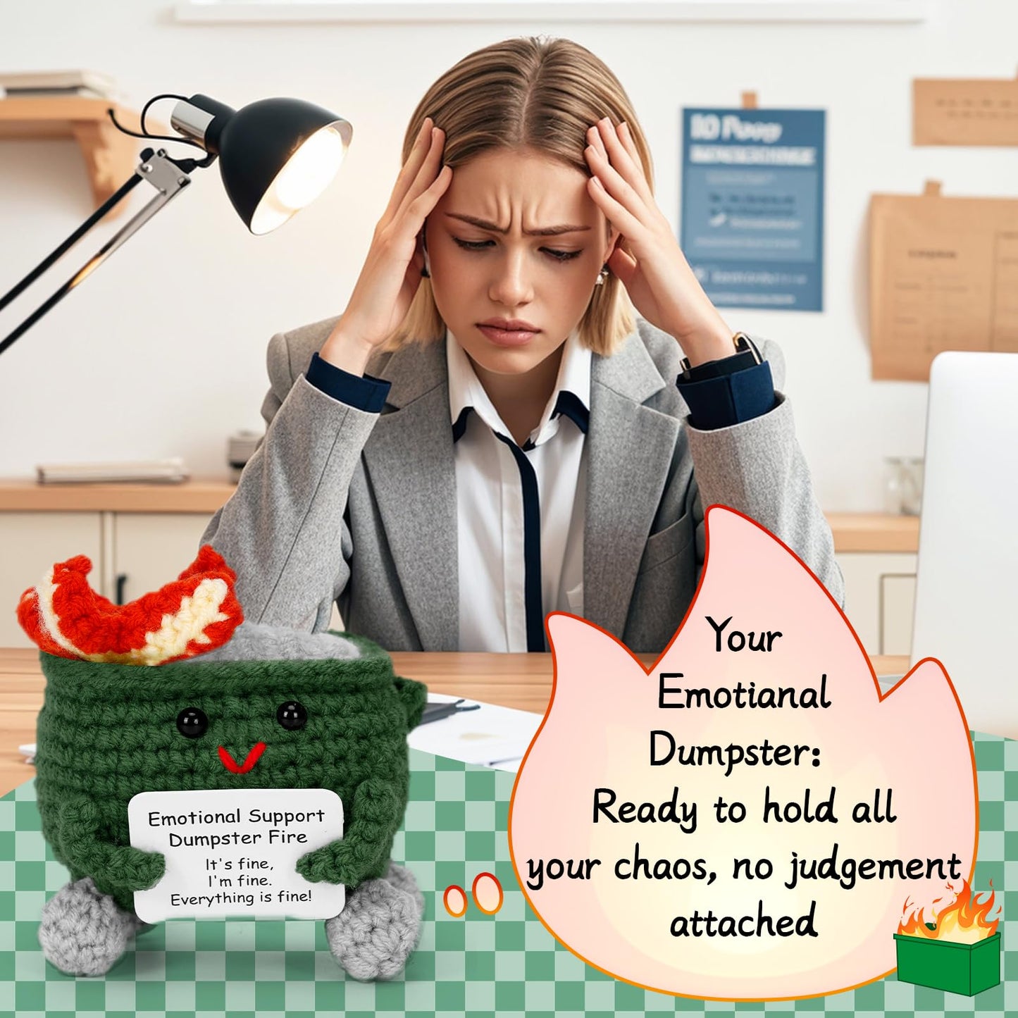 Keyrose Emotional Support Dumpster Fire Crochet — Handcrafted Desk Accessory + Positive Card (Green)