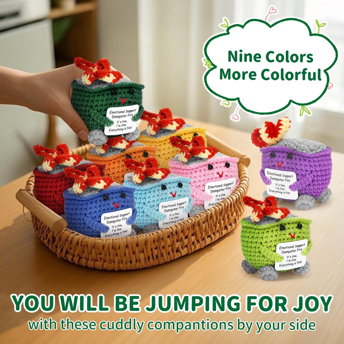 Keyrose Emotional Support Dumpster Fire Crochet — Handcrafted Desk Accessory + Positive Card (Green)