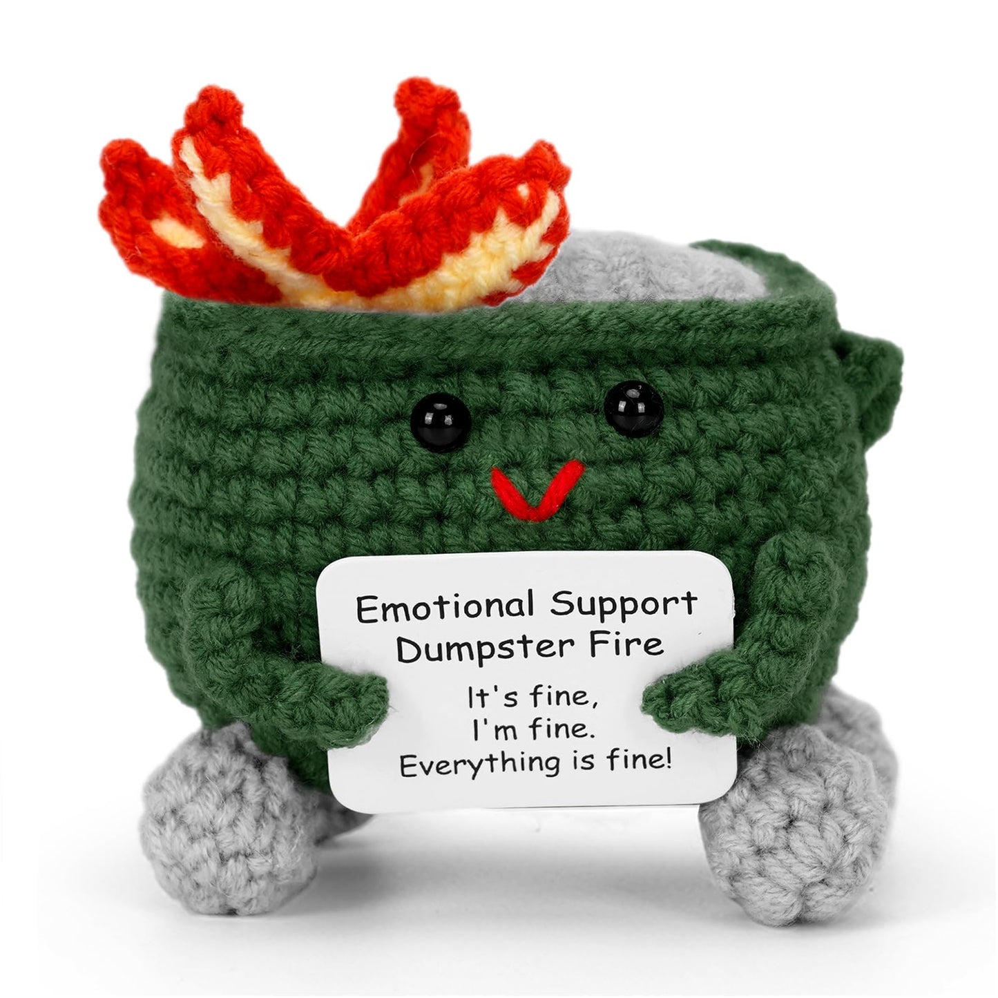 Keyrose Emotional Support Dumpster Fire Crochet — Handcrafted Desk Accessory + Positive Card (Green)