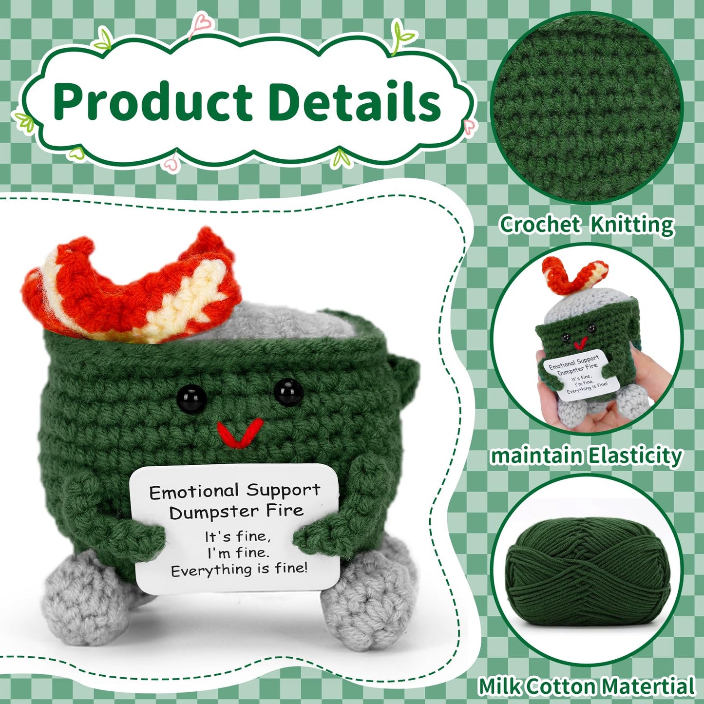 Keyrose Emotional Support Dumpster Fire Crochet — Handcrafted Desk Accessory + Positive Card (Green)