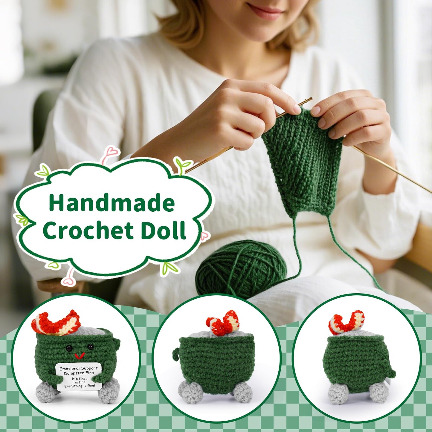 Keyrose Emotional Support Dumpster Fire Crochet — Handcrafted Desk Accessory + Positive Card (Green)