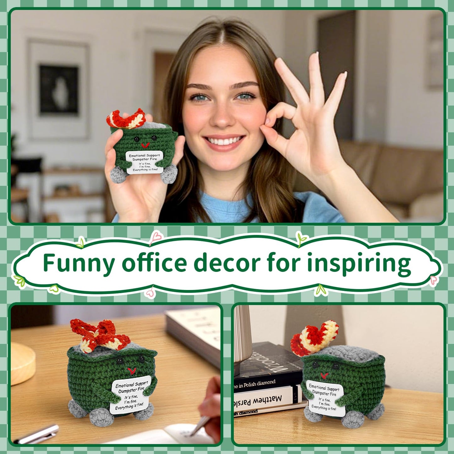 Keyrose Emotional Support Dumpster Fire Crochet — Handcrafted Desk Accessory + Positive Card (Green)