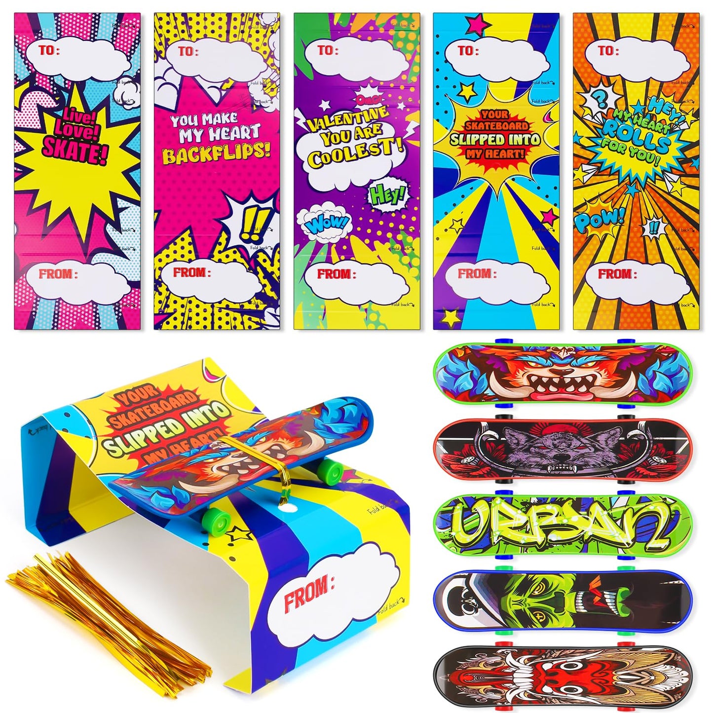 Keysense Lifestyle 28-Pack Valentines Day Cards with Mini Finger Skateboards – Classroom Gifts & Party Favors