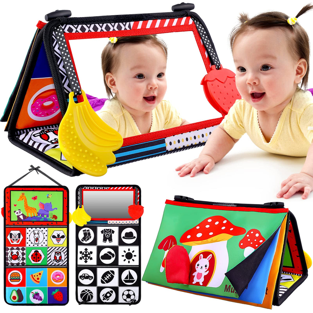 Keysense Lifestyle Baby Mirror Tummy Time Toys 0-6 Months – High-Contrast Crinkle Book & Teether