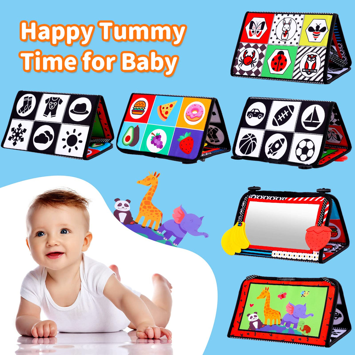 Keysense Lifestyle Baby Mirror Tummy Time Toys 0-6 Months – High-Contrast Crinkle Book & Teether