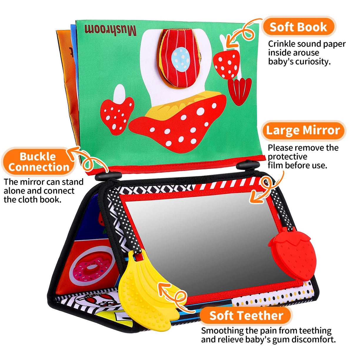 Keysense Lifestyle Baby Mirror Tummy Time Toys 0-6 Months – High-Contrast Crinkle Book & Teether