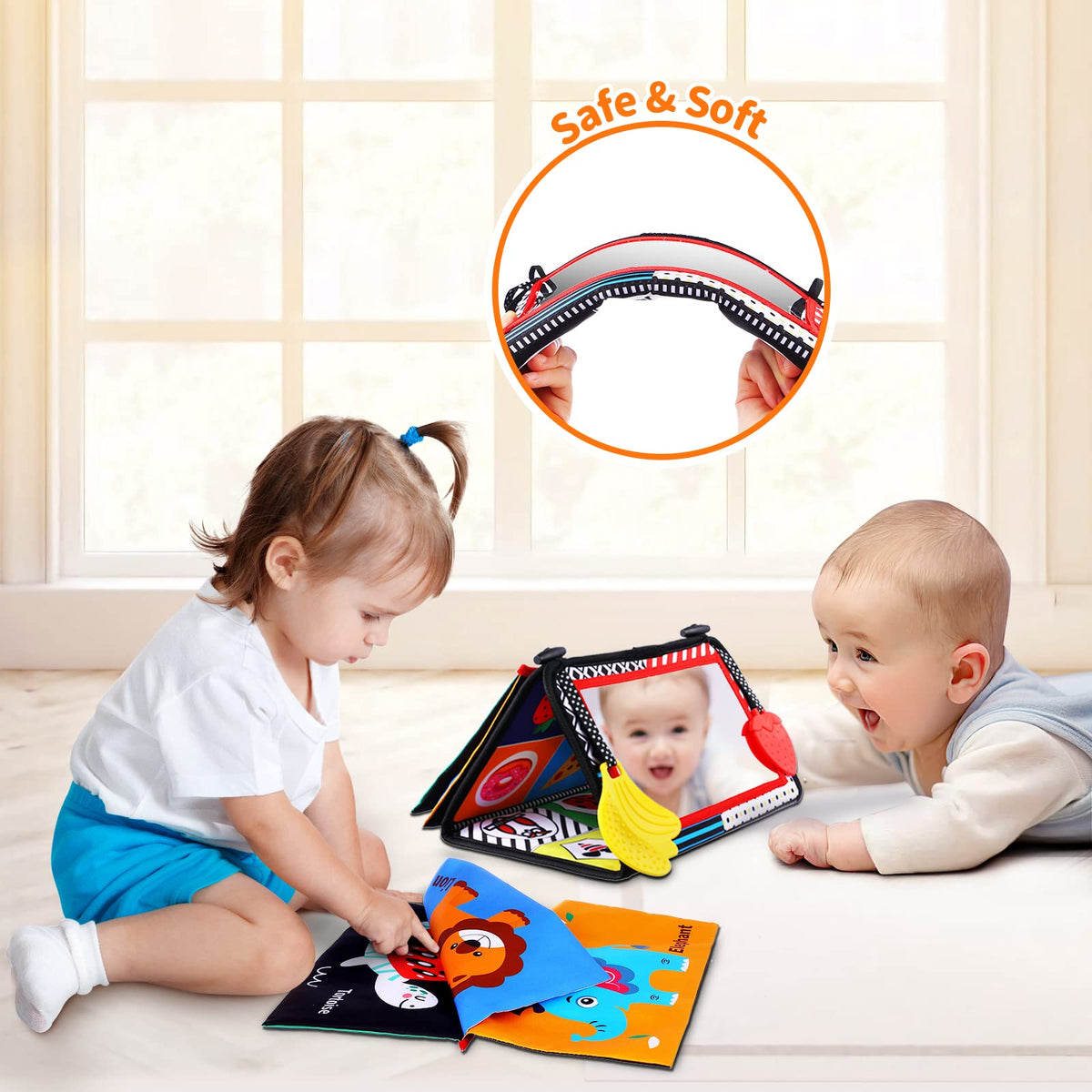 Keysense Lifestyle Baby Mirror Tummy Time Toys 0-6 Months – High-Contrast Crinkle Book & Teether
