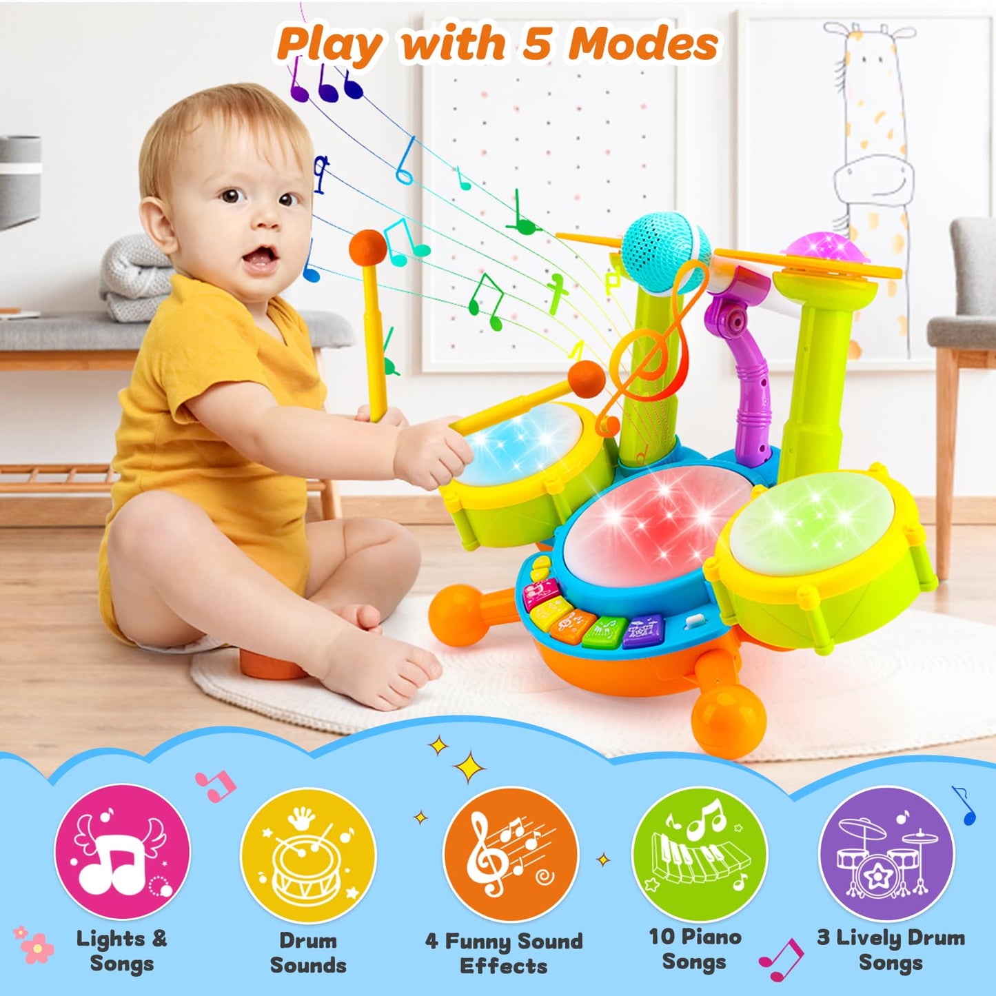 Keysense Lifestyle Kids Drum Set for Toddlers 1-3 – Light-Up Musical Toy with Microphone