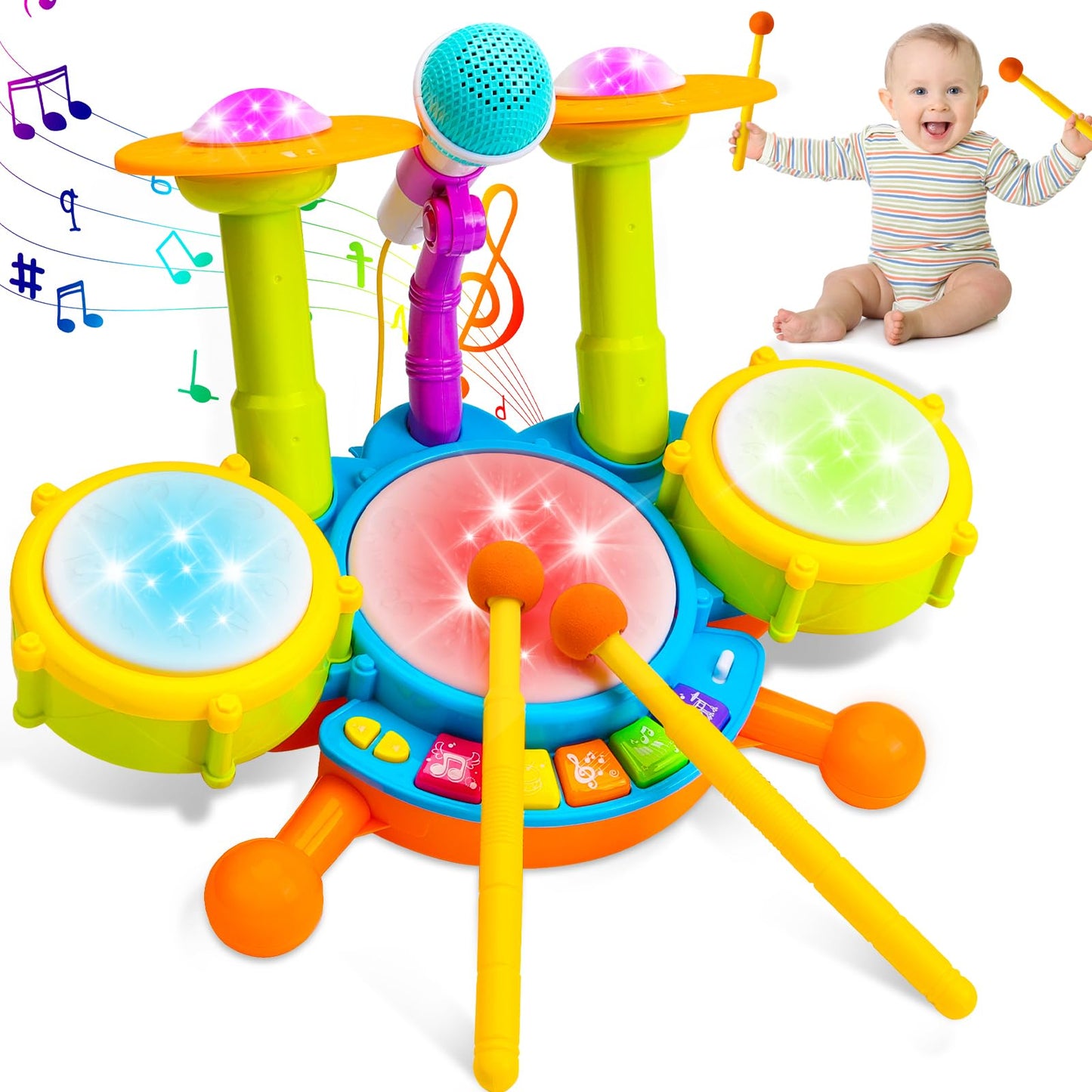 Keysense Lifestyle Kids Drum Set for Toddlers 1-3 – Light-Up Musical Toy with Microphone
