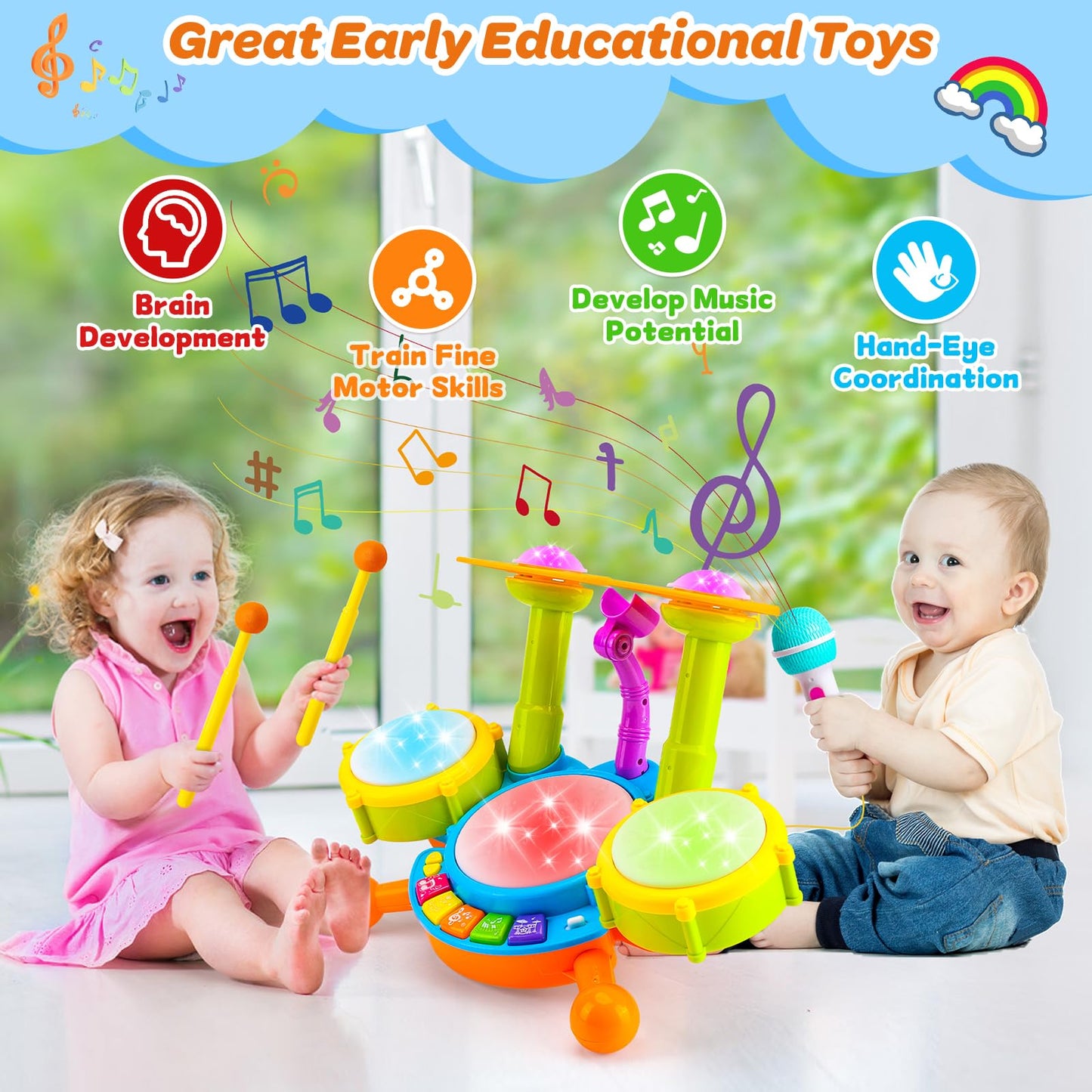 Keysense Lifestyle Kids Drum Set for Toddlers 1-3 – Light-Up Musical Toy with Microphone