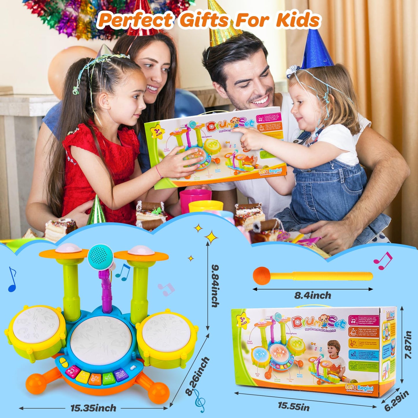 Keysense Lifestyle Kids Drum Set for Toddlers 1-3 – Light-Up Musical Toy with Microphone