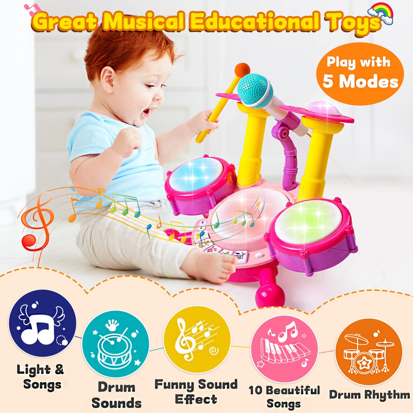 Keysense Lifestyle Kids Drum Set for Toddlers 1-3 with Microphone – Interactive Musical Toy
