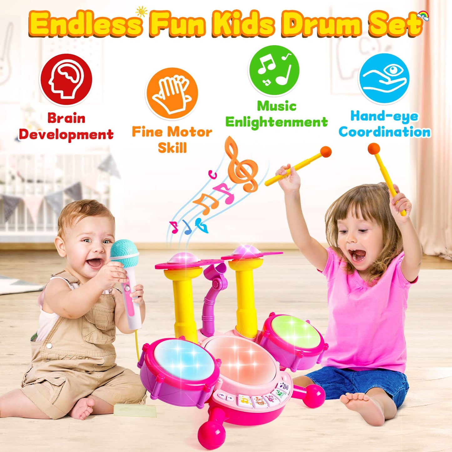 Keysense Lifestyle Kids Drum Set for Toddlers 1-3 with Microphone – Interactive Musical Toy