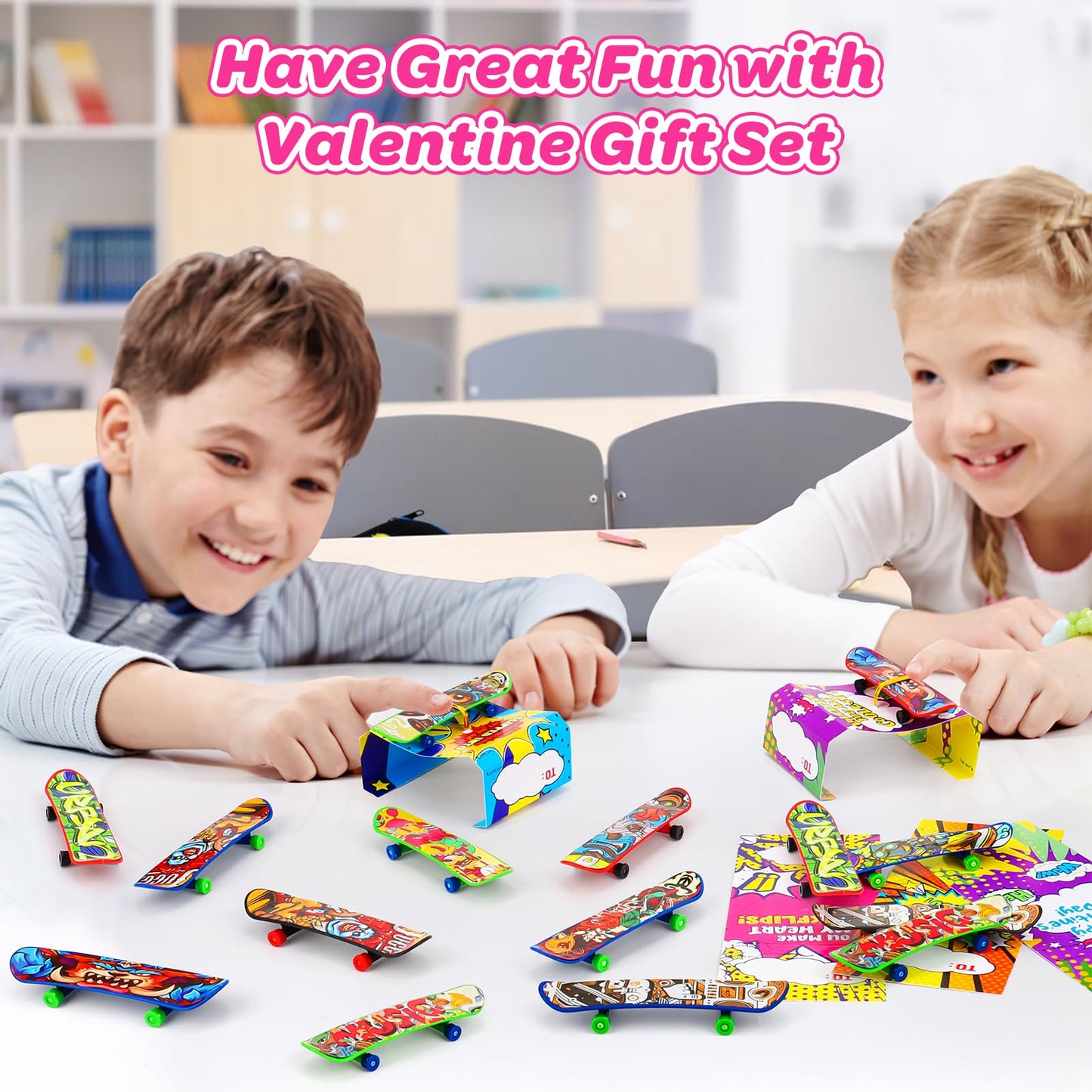 Keysense Lifestyle 28-Pack Valentines Day Cards with Mini Finger Skateboards – Classroom Gifts & Party Favors