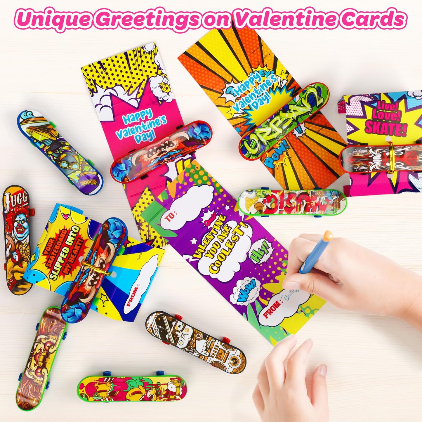 Keysense Lifestyle 28-Pack Valentines Day Cards with Mini Finger Skateboards – Classroom Gifts & Party Favors
