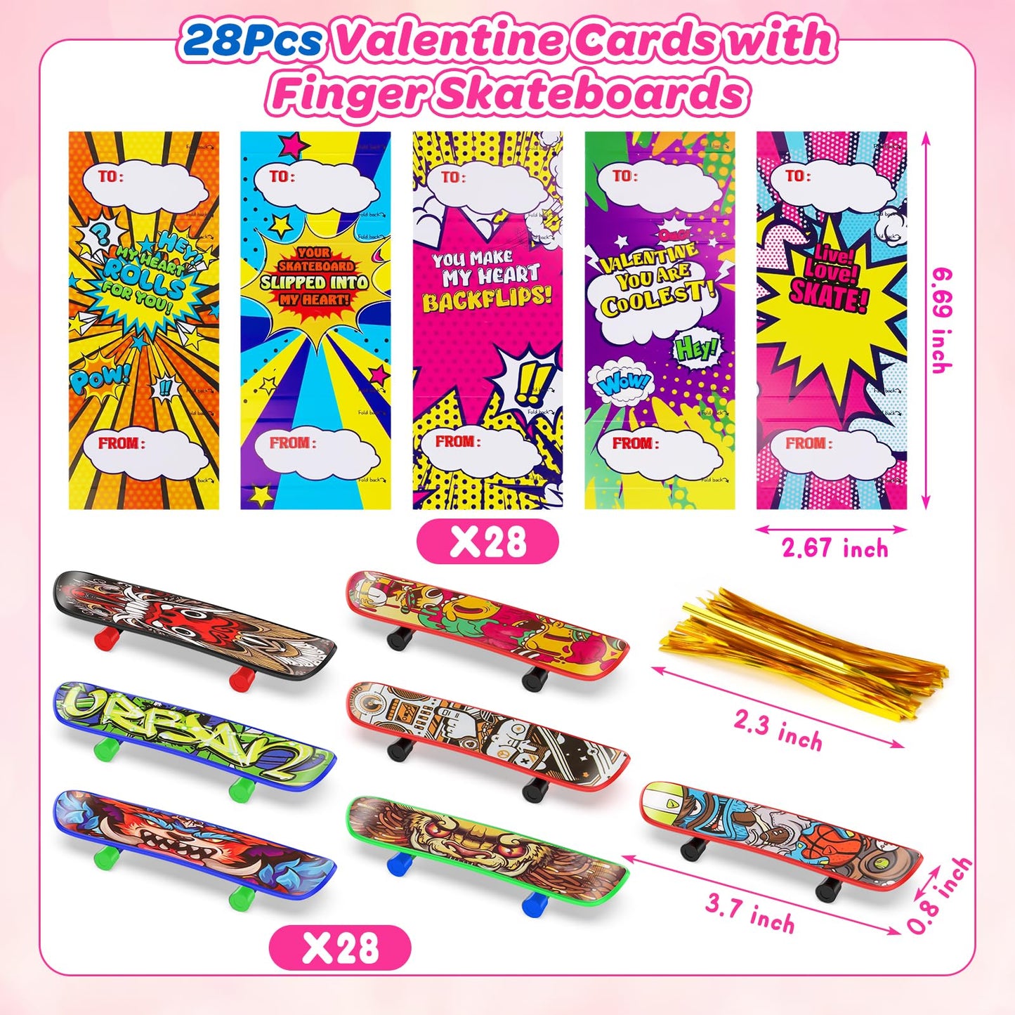 Keysense Lifestyle 28-Pack Valentines Day Cards with Mini Finger Skateboards – Classroom Gifts & Party Favors