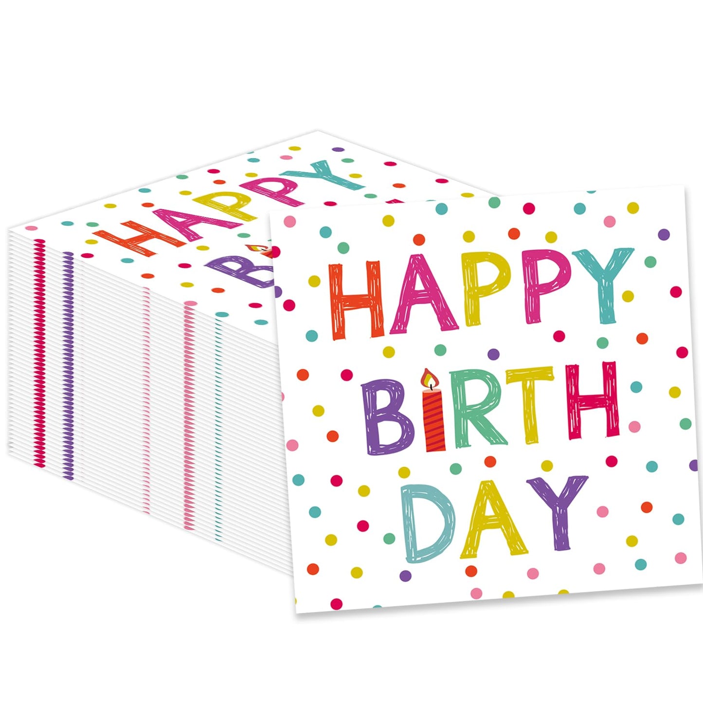 KFJBPB 50 Pcs Birthday Napkins – 13x13 Inches, Colorful Dots, Disposable Cocktail Napkins for Birthday Party