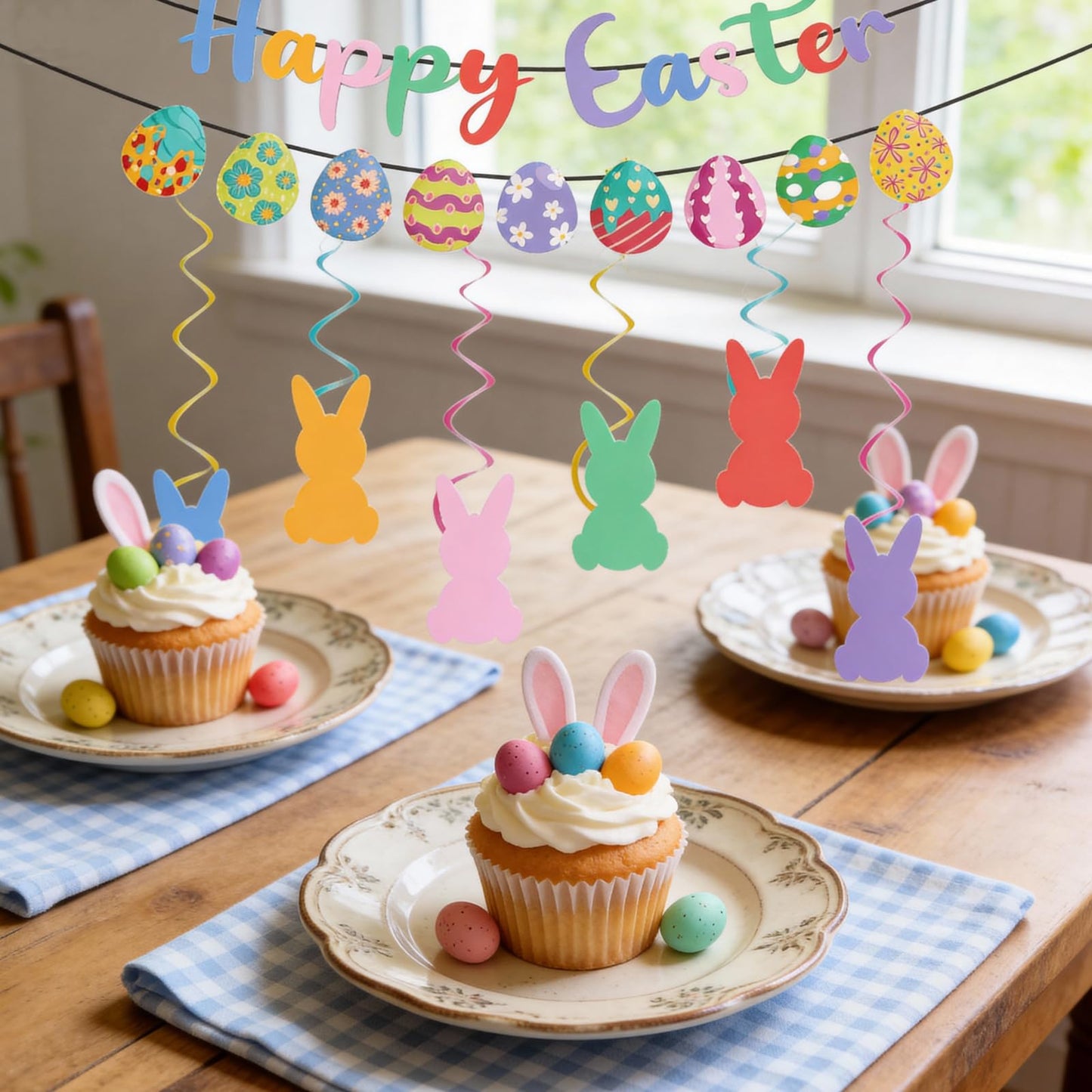 KFJBPB Happy Easter Banner Set — Bunny Garlands, Egg Cutouts & Swirls for Home & Classroom